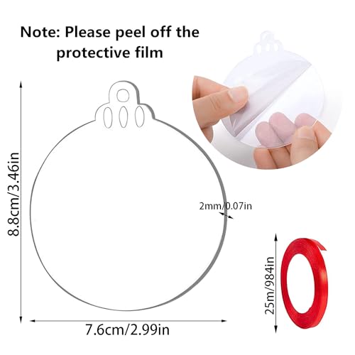 DRERIO 30 Pcs Christmas Bauble Clear Acrylic Disc Ornaments 8.8 ×7.6 cm Round Christmas Ornaments with Ribbon Flat Baubles for Craft Clear Blank Acrylic Christmas Disc for Tree Party Hanging Decor - Image 2