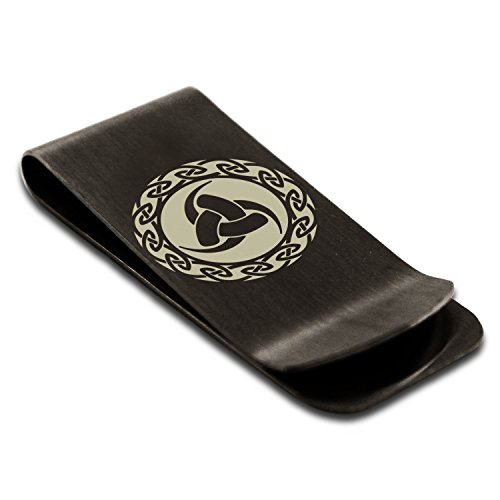 Matte Black Stainless Steel Triskelion Triple Horn of Odin Viking Symbol Money Clip Credit Card Holder
