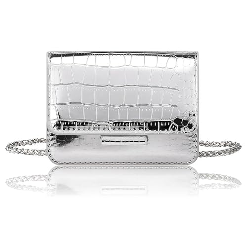 IHLOOTD Mini Bolso Bandolera Mujer de Piel Sintética, Bolso Cruzado Pequeño Cuadrado Cuero PU, Bolsos de Noche Compacto Mujer para Salidas Nocturnas, Clubes, Fiestas y Uso Diario (Plata)
