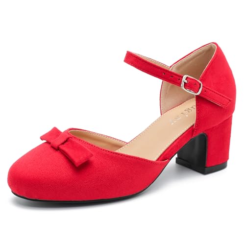 Women's Chunky Heels Pumps Bow Closed Toe Ankle Strap Pumps Low Block Heel Elegant Wedding Party Dress Shoes