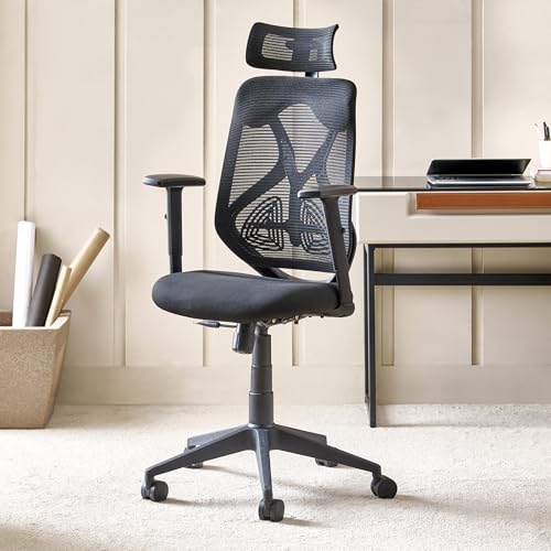 Image of Home Centre | Yuva Ergofit Office Chair | Ergonomic Study Chair | Polyester Blend | Black | 1 Year Warranty