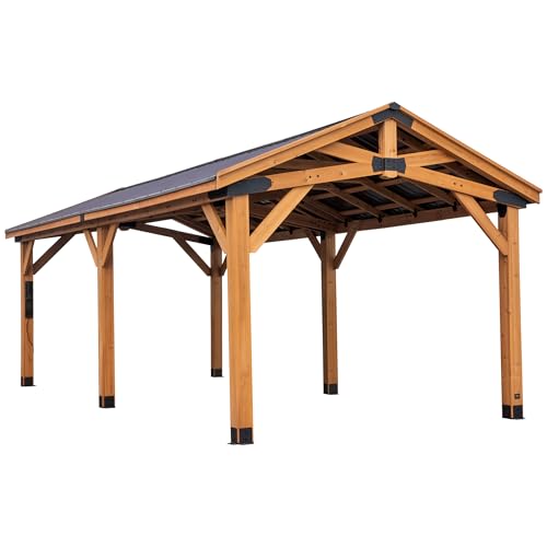 Backyard Discovery Norwood 24' x 12' Cedar Wood Outdoor Gazebo Pavilion with Hardtop Galvanized Steel Peak Roof, Snow Support, Wind Resistance, PowerPort, Shade for Garden, Patio, Deck, Entertaining by Backyard Discovery - Used condition - US$4043.20