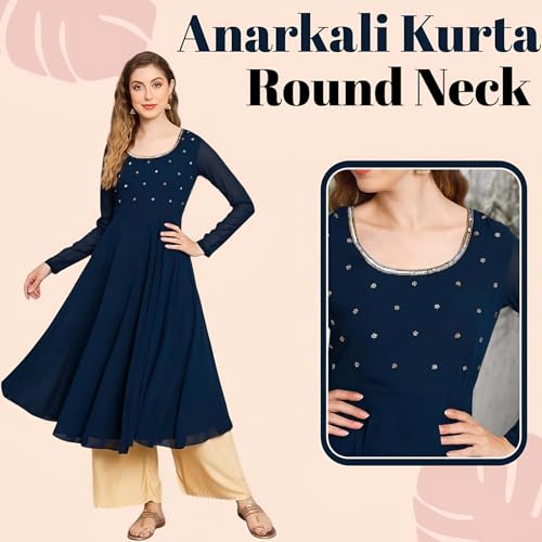 Image of PH POSHAKHUB Georgette Regular Fit Hand Embroidery Anarkali Kurta Set for Women, Yoke Anarkali Kurta for Woman, Ankle Length Anarkali Suit for Women, Full Sleeve Kurti, Dress for Woman