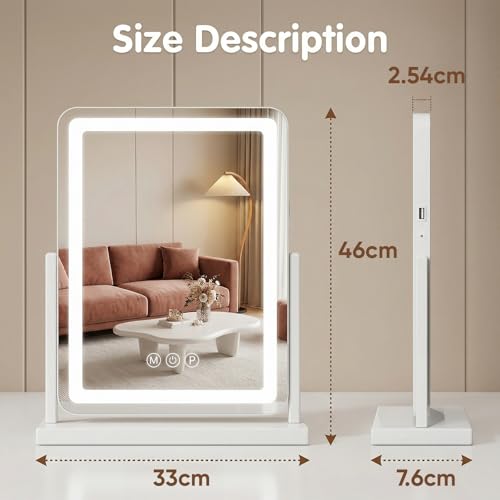 Antok Schminkspiegel mit Beleuchtung, 33x46cm LED Kosmetikspiegel HD, 360° Drehung, 10-Facher Lupe, 3 Farbtemperaturen, Dimmbar, Speicherfunktion, Touch Steuerung, Ladeanschlüssen