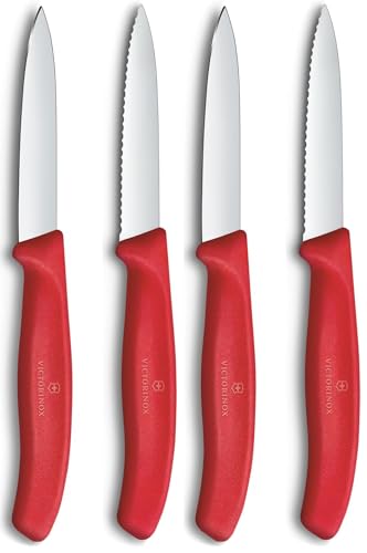 Victorinox Swiss Classic Coltello per verdure e spelucchini, per frutta e verdura, Extra affilato, dritto e seghettato, Acciaio inox, Rosso (Confezione da 2)
