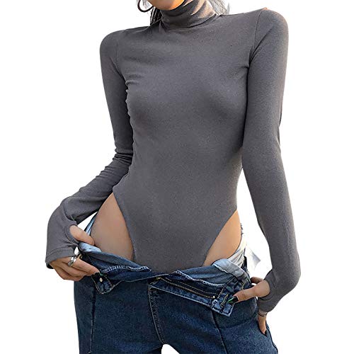Women's Bodysuit Mock Turtle Neck/Scoop Neck Short Sleeve/Long Sleeve Stretchy Basic Jumpsuits (Gray, S)