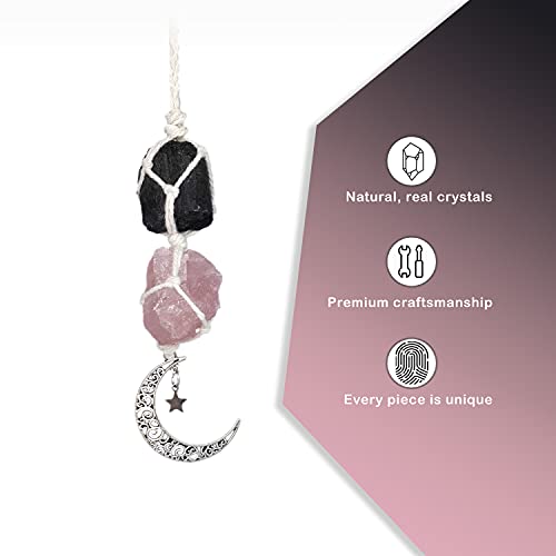 Boho Garden Hanging Car Charm - Black Tourmaline & Rose Quartz - Dangling Moon, Healing Crystal Accessories, Rearview Mirror Decorations - Grounding, Confidence, Protection, Love, Self-Worth, Energy #TOP2