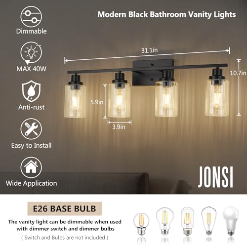 Image of Jonsi Modern Black Bathroom Light Fixtures, 4-Light Modern Black Vanity Light, Bathroom Vanity Light with Stripe Glass Shade, E26 Wall Sconces Over Mirror for Bathroom, Living Room, Hallway