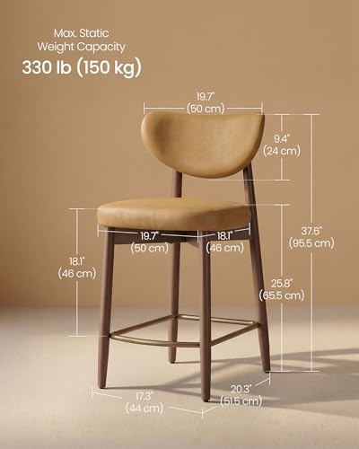 Image of VASAGLE Wooden Bar Stools Set of 2, Synthetic Leather, Caramel Brown | Barstools with Solid Wood Legs, Ergonomic Backrest, Mid Century Modern, for Kitchen Island, Synthetic Leather