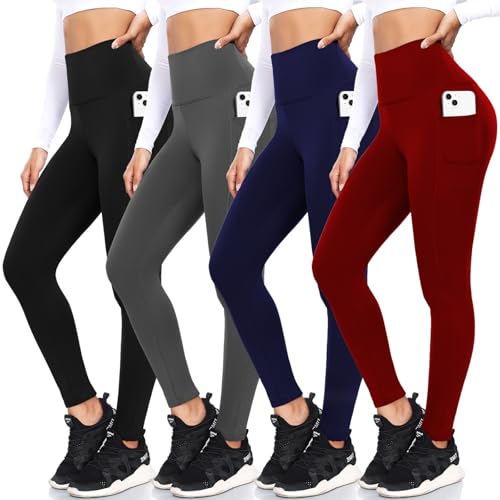 FULLSOFT 4 Pack Fleece Lined Leggings with Pockets for Women High Waisted Thermal Winter Warm Yoga Pants for Workout Running Plus Size(Black, Dark Grey, Navy Blue, Wine Red(4 Pack),Large-X-Large)