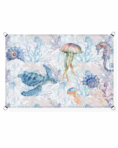 Blue Coastal Turtle Sun Sail Shades Rectangle Canopy,Sunlight Block Heavy Duty Curved Backyard Shade Cover,Waterproof Sun Shades for Patios Garden Outdoor,6.5'x10' Coral Jellyfish Sea Horse Conch