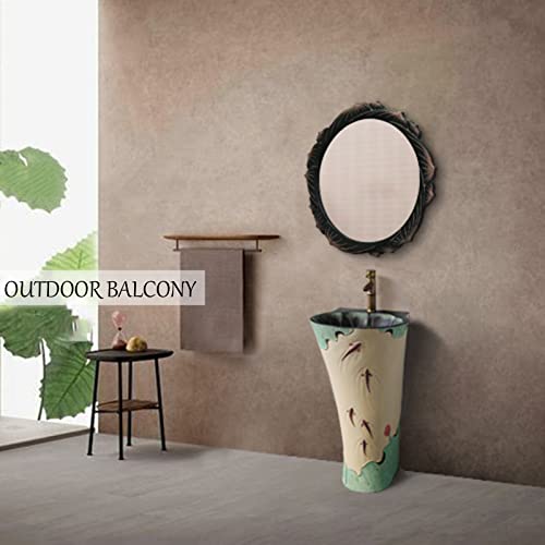 Yrra Pedestal Bathroom Sink Art Lotus Pedestal Sink - Resin + Stone Powder Material Hand Carved Wash Basin For Indoor And Outdoor, Scratch And Stain Resistant,With Mirror(A Style) #TOP1