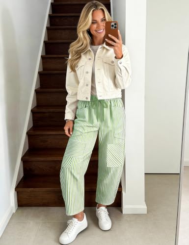 Image of TARSE Womens Striped Linen Barrel Pants with Pockets Y2k Patchwork