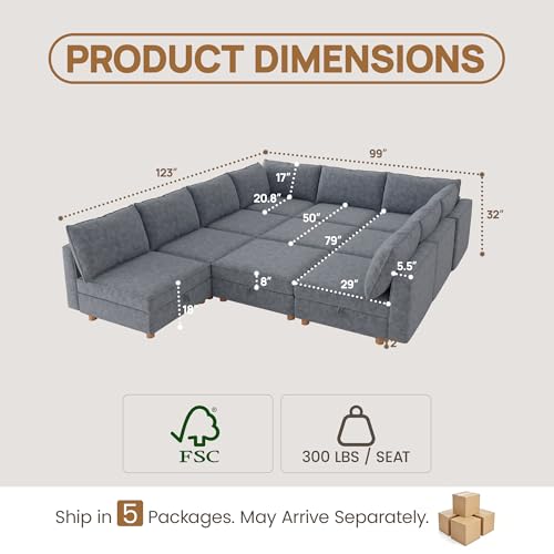 Image of 99 inch Modular Sectional Sleeper Sofa Bed with Storage & Washable Covers, 10-Seater Chenille Modular Sofa Bed with Movable Ottoman Chaise, Convertible Sleeper Sectional Couches for Living Room, Gray