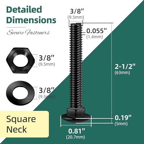 Image of (6 Sets) 3 /8-16 x 2-1 /2 Carriage Bolts with Nuts and Washers, 304 Stainless Steel Round Head Square Neck 3 /8 Carriage Bolts Screws, Full Thread Black Oxided for Outdoor