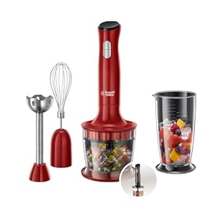 Russell Hobbs Frullatore a Immersione Rosso – 3 in 1 – Frullatore-tritatutto, Mixer e Frusta – Senza BPA e Lavabile in Lavastoviglie, Frullati, Zuppe, Salse, Yogurt, Alimenti Bambini, 24700-56