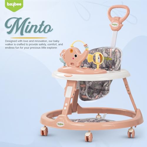 Image of Baybee Minto 2-in-1 Baby Walker for Kids with Push Handle, 2-Level Height Adjustment, Footmat & Musical Toy Bar | Activity Push Walker for Babies 6-18 Months (Pink)