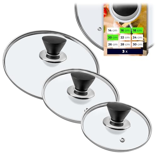 KADAX Lot de couvercles de casserole universels en verre avec poignée, résistants à la chaleur, différentes tailles, couvercle en verre pour casserole, poêle (16 + 18 + 20 cm, poignée noire mate)