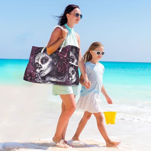 Purple Sugar Skull Face Beach Bag for Women Large Beach Tote Bag with Zipper for Travel Vacation3