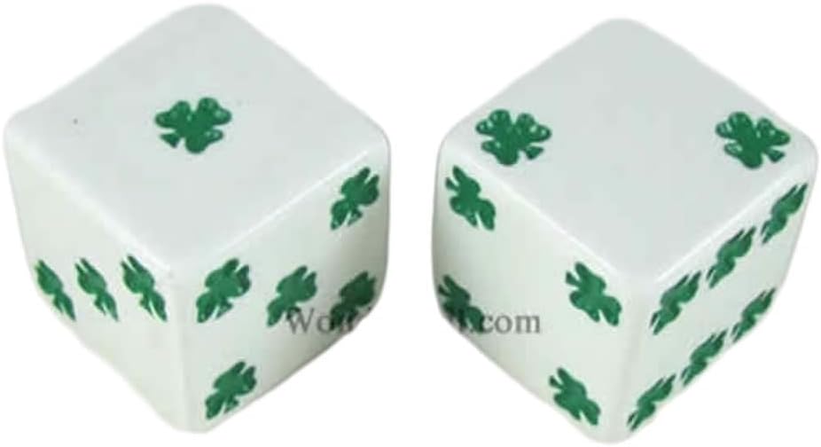 White Lucky Dice with Green Clovers D6 25mm (1in) Pack of 2 Dice Koplow Games