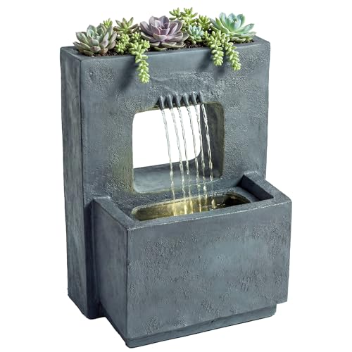 Outsunny Springbrunnen 2-stufig Gartenbrunnen mit LED Beleuchtung Pflanzkübel Pumpe Steinoptik, Verstellbar Wasserfall Terrassenbrunnen Wasserspiel Zierbrunnen für Garten Rasen 45 x 31,5 x 58,5 cm