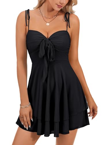 Rooscier Women's Straps Tie Knot Layered Ruffle A Line Sleeveless Ruched Contrast Mesh Mini Dress2