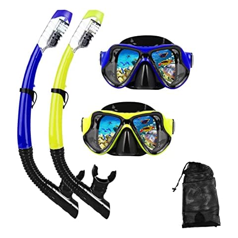 DIPUKI Snorkeling Gear for Adults Snorkel mask Set Scuba Diving mask Dry Snorkel Swimming Glasses Swim Dive mask Nose Cover Youth Diving (Blue+Yellow（2 Pack）) Cover