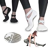 YOGIC Yoga Socks for Women, Non-Slip Slipper Socks with Grippers & Straps for Pilates, Pure Barre, Ballet, Trampoline, Dance, & Barefoot Workout, Non-Skid Cover Toes Grip Socks (2 Pairs Beige- Black)