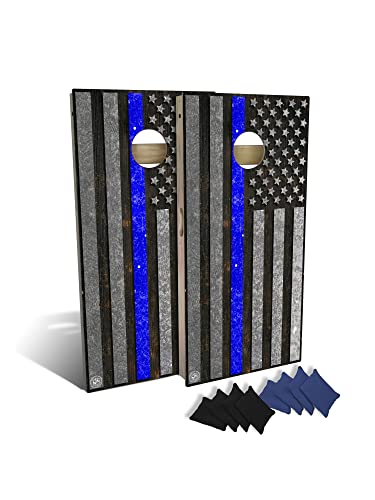 SLICK WOODY's CORNHOLE CO Police Thin Blue Line Cornhole Set with 8 Cornhole Bags, Baltic Birch Plywood Tops for The Smoothest Flattest Playing Surface, Retractable Legs and Back Bounce Brace