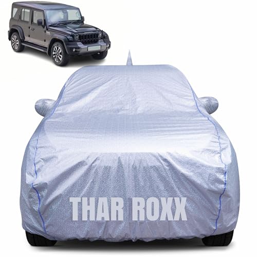 Image of 100% Waterproof Car Body Cover for Mahindra Thar Roxx (2024-2025) with Mirror Pocket, Heat & UV Resistant, Triple Stitched, Soft Lining, Bottom Elastic & Piping (Silver Reflective)