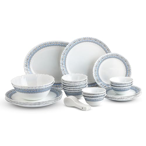 Image of CELLO Aurum Imperial Plus Series Opalware Dinner Set of 33 Pieces for Family of 6 | Bone-Ash Free & Leadfree Opal Glass Microwave & Dishwasher Safe Crockery Plates & Bowls Set for Daily Use & Gifting
