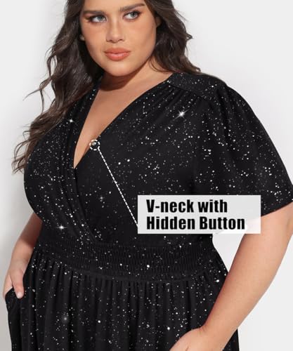 Image of CARCOS Plus Size Dresses for Curvy Women V Neck Summer Maxi Dress Short Sleeve Floral Boho Dress Smocked Waist Beach Dress