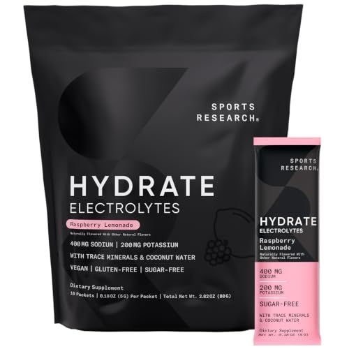 Image of Sports Research Hydrate Electrolytes Powder Packets - Sugar-Free & Naturally Flavored with Vitamins, Minerals, and Coconut Water - Supports Hydration - 16 Packets - Raspberry Lemonade | Sugar-Free & Flavorful with 7 Essential Vitamins, 65 Trace Minerals, and Coconut Water for Whole Body Hydration
