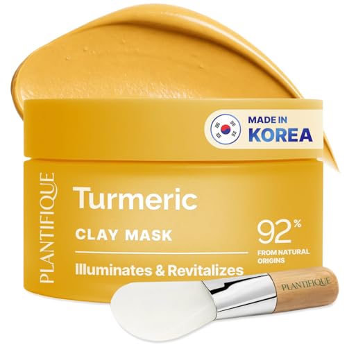 PLANTIFIQUE Mascarilla Facial Coreana de Arcilla con Cúrcuma y Vitamina C – Combate Manchas Oscuras, Refina Poros, Hidrata y Calma – Turmeric Clay Mask – Incluye Espátula, 110g / 3.88 oz
