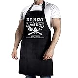 YuanDe Funny Grilling Apron for Men - My Meat Isn't Going To Rub Itself - One Size Fits All - Cooking Barbecue Apron with 3 Large Pockets for Dad, Husband, Boyfriend - Black Mens Outdoor BBQ Apron