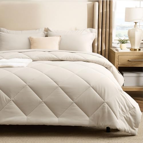 Image of Bedsure 5 Pieces Twin Comforter Set Premium Series, Hotel Luxury Soft Bed in a Bag, Goose Down Alternative, Safe for Sensitive Skin Bedding Comforter All Season Medium Warmth, Beige Twin Size