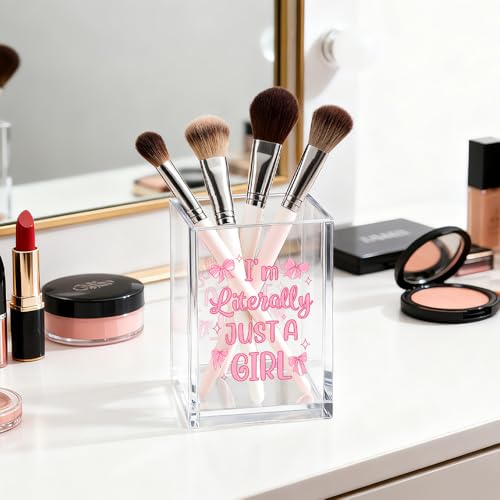 Image of I'm Literally Just A Girl Acrylic Cosmetic Organizer Pen Holder, Funny Acrylic Desk Holder Cup for Pen Pencil, Cute Office Gifts for Women Coworker, Pink Birthday Gifts for Bow Lover Daughter