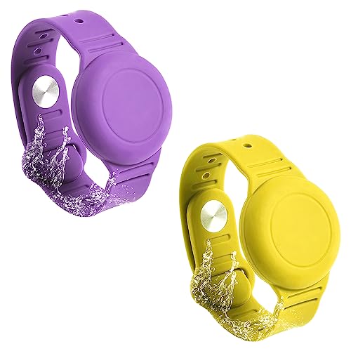 2pcs Kids Wristband for AirTag, Waterproof Silicone AirTag Bracelet for Kids Elder Adjustable Watch Band Kids Anti Lost AirTag Case Holder for Hiding GPS Tracker (Yellow, Purple)