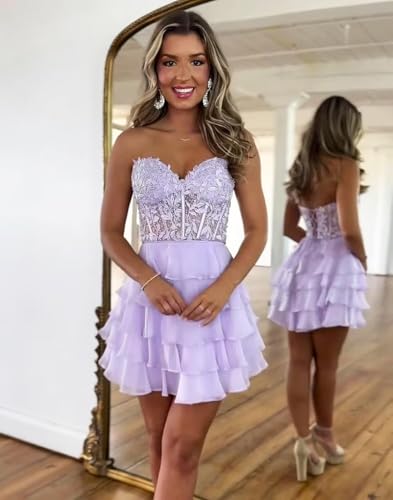 Tiered Short Homecoming Dresses for Teens 2025 Lace Strapless Corset Prom Cocktail Dresses4