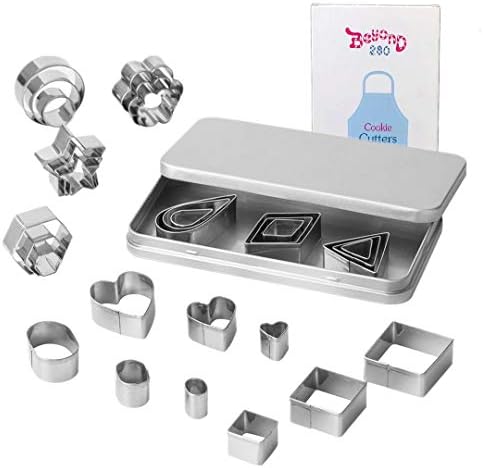 Beyond 280 Mini Tiny Stainless Steel Cookie Cutters, Geometric Shapes Heart Star Circle for One-Bite Cookies, Cake Décor, Fondant Biscuit (30 pcs)