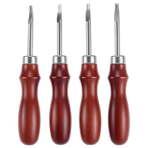 QWORK Leather Edge Bevelers Set, 4pc High Carbon Steel Edge Skiving Tools with Wood Handles, 0.8mm 1mm 1.2mm 1.4mm Leather Craft Keen Edge Cutting