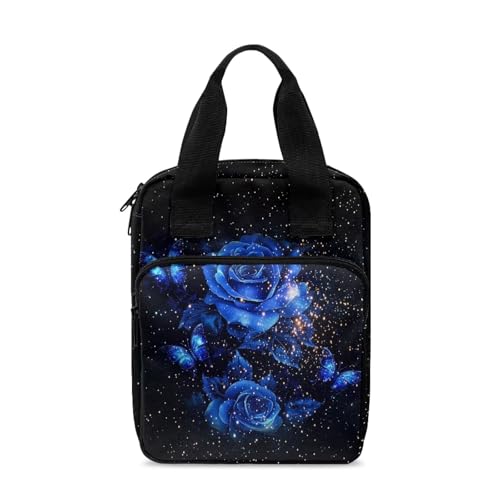 Xoenoiee Blue Rose Butterfly Bible Cover Tote Bible Bag Bible Case with Handle and Zippered Women Bible Bag Portable Bible Carrying Case