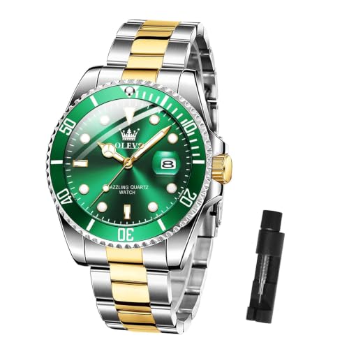 Image of OLEVS Mens Watches Stainless Steel Dress Watch.Green Face Gold Silver Band