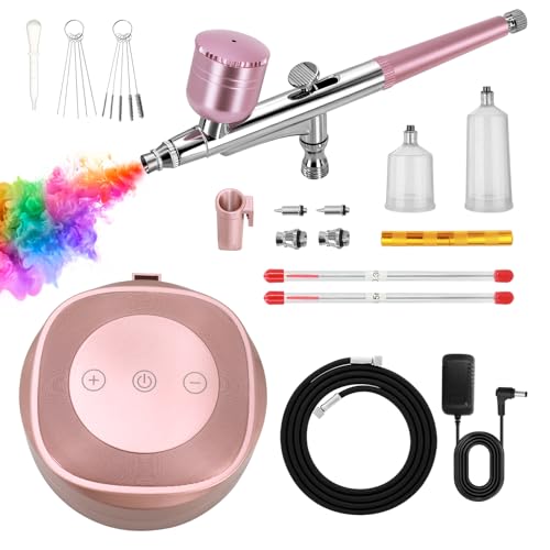 Ykall Airbrush Set mit Kompressor – 3 Druckstufen (25/38/48 PSI), Airbrush Pistole mit 3 Düsen (0,2/0,3/0,5 mm), für Modellbau, Nailart, Make-up, Tortendeko & Kreative DIY-Projekte (Rosa)