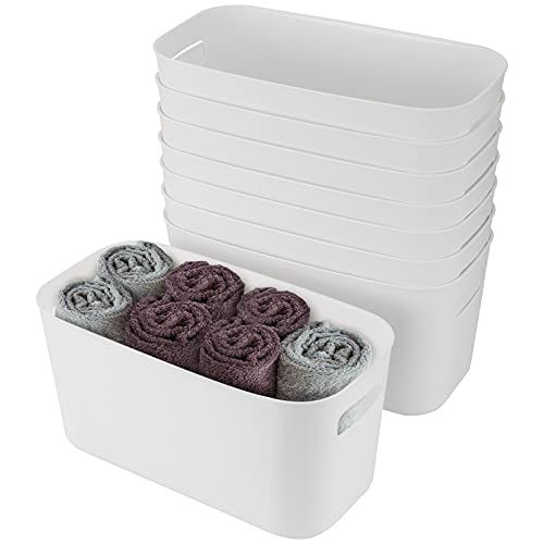 SEUNMUK 8 Pack 11x6x6 Inch Long Bathroom Vanity Plastic Organizer Storage Bin Tote with Handles, White Plastic Storage Bins for Kitchen Pantry, Bathroom, Bedroom, Laundry, Vanity Room