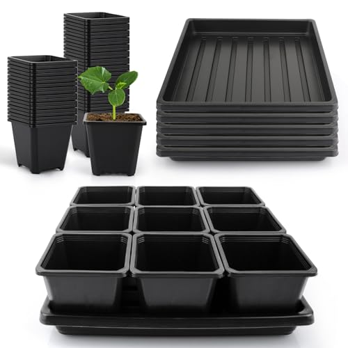 Mlhezy 50Pcs 3.5inch Square Nursery Pots with 5Pcs Seed Starting Trays, Seed Starter Tray Kit, Seeds Starting Germination, Seeding Pots with Drain Holes, Small Plant Nursery Propagation