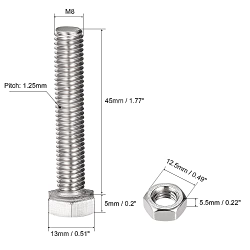 Image of uxcell M8 x 45mm Hex Head Screws Bolts, Nuts, Flat & Lock Washers Kits, 304 Stainless Steel Fully Thread Hexagon Bolts 4 Sets