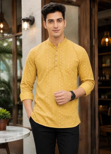 Image of Majestic Man Men's Cotton Regular Fit Short Printed Designer Kurta