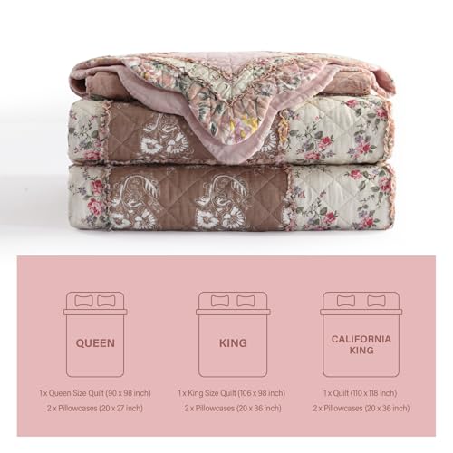 NEWLAKE Quilt Set Queen Size, Cotton Patchwork Pink Floral Quilt Sets, Real Stitched Embroidery Bedspread Lightweight and Breathable for All Seasons, Soft Quilted with 2 Pillow Shams
