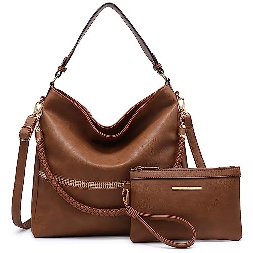 Dasein Hobo Handbags for Women Purses Vegan Leather Shoulder Bags Bucket Purse Large Tote Set with Long Strap (brown)
